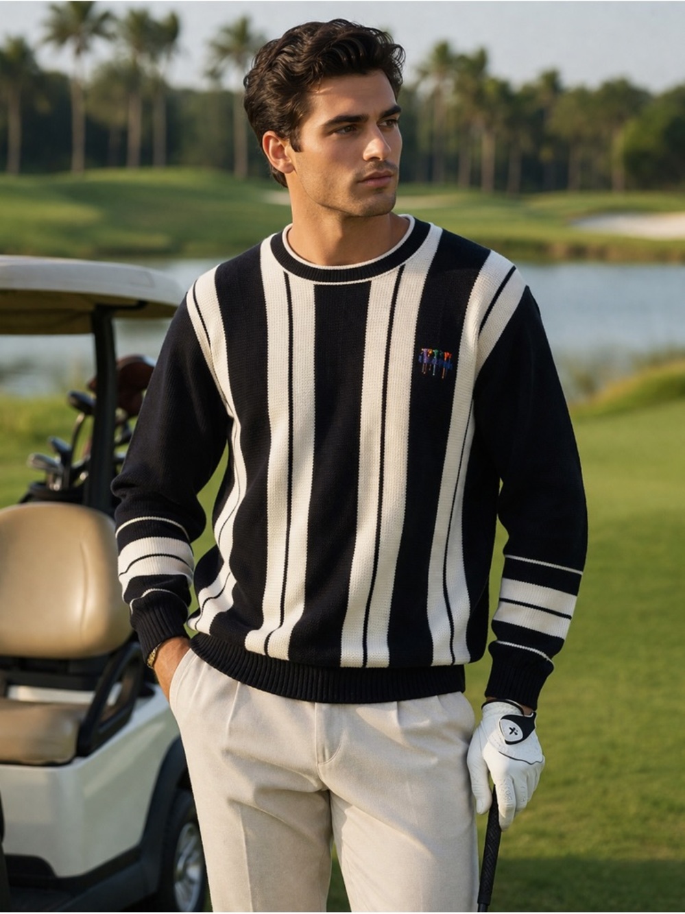 Vintage Jantzen Sweater L Striped Cotton Knit Golf Core Preppy Coogi Style 90s